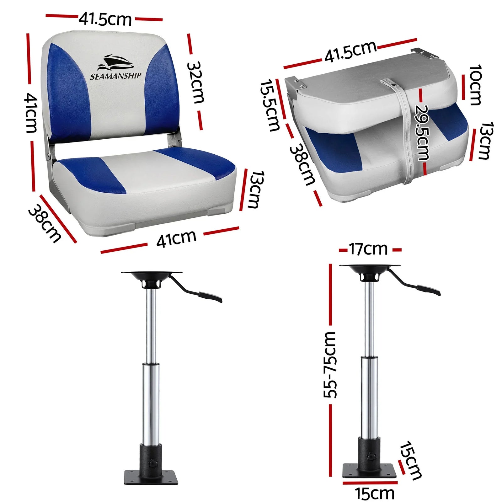 2X Folding Boat Seats with 2X Adjustable Pedestals 55–75cm Marine Swivel Low Back 13cm Padding White Blue