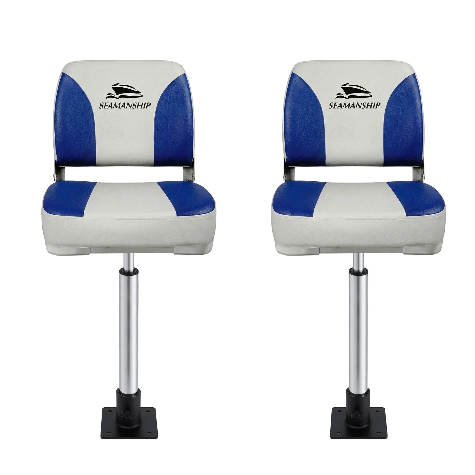 2X Folding Boat Seats with 2X Adjustable Pedestals 55–75cm Marine Swivel Low Back 13cm Padding White Blue