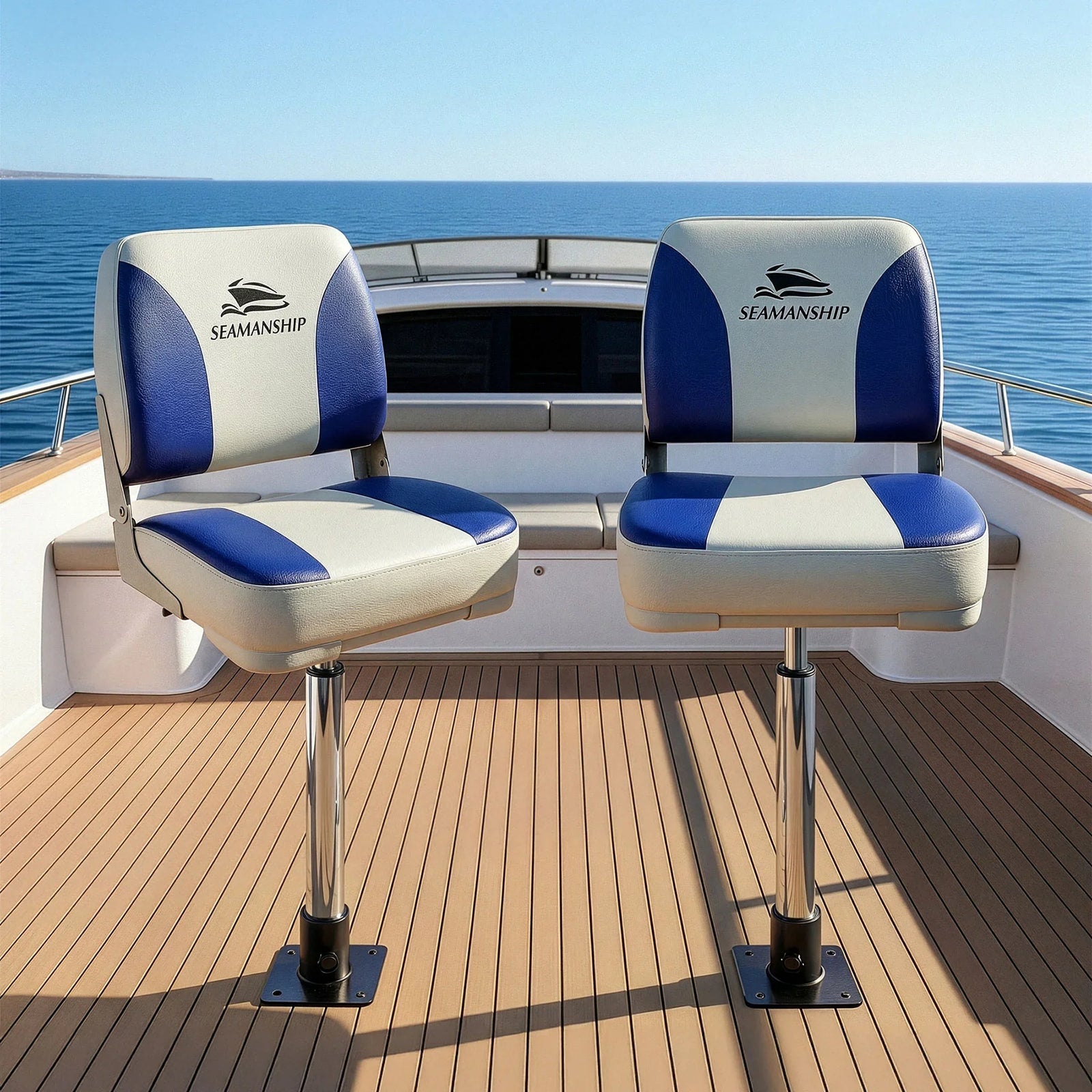 2X Folding Boat Seats with 2X Adjustable Pedestals 55–75cm Marine Swivel Low Back 13cm Padding White Blue