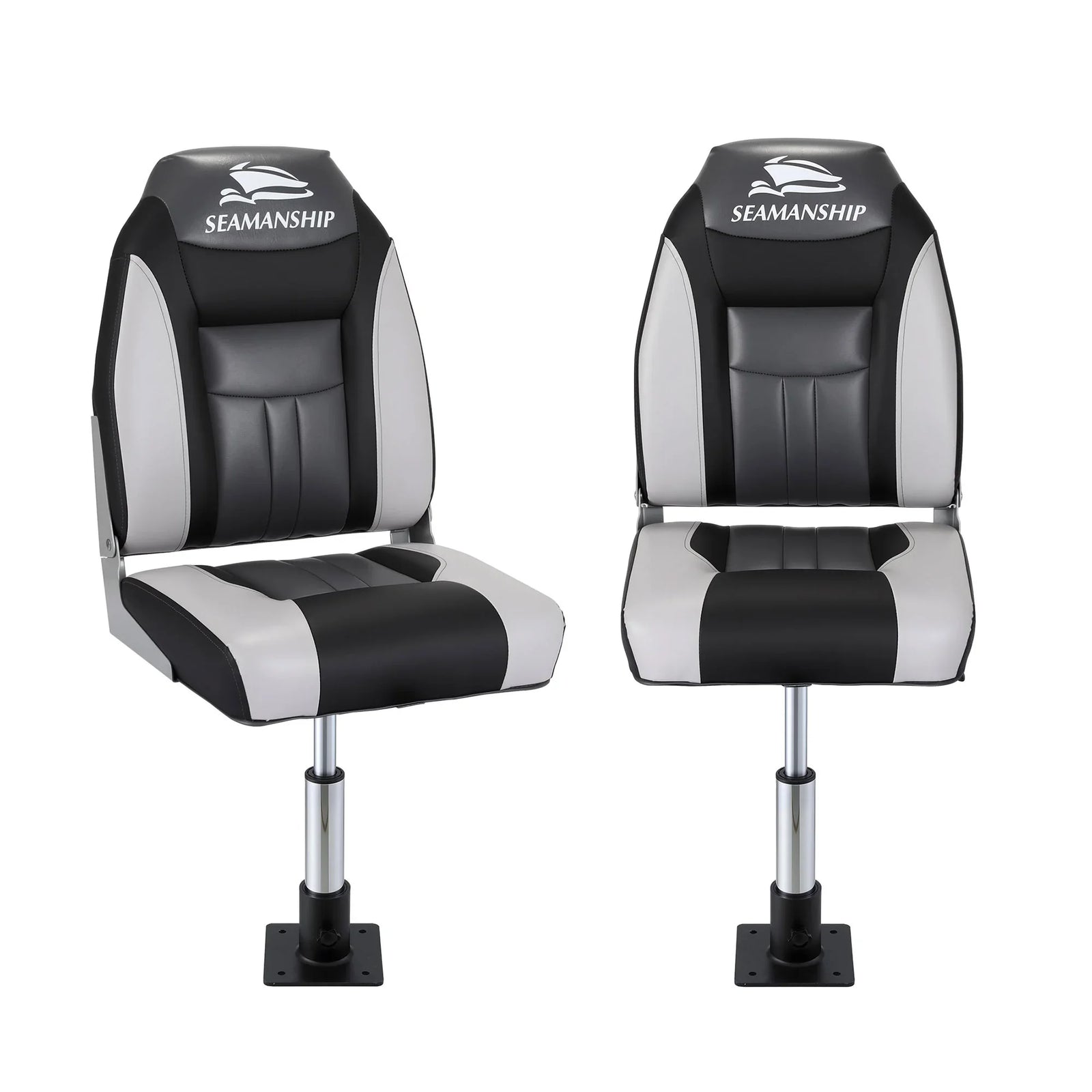 2X Folding Boat Seats with 2X Adjustable Pedestals 34–46cm Marine Seat Swivel High Back 12cm Padding Black