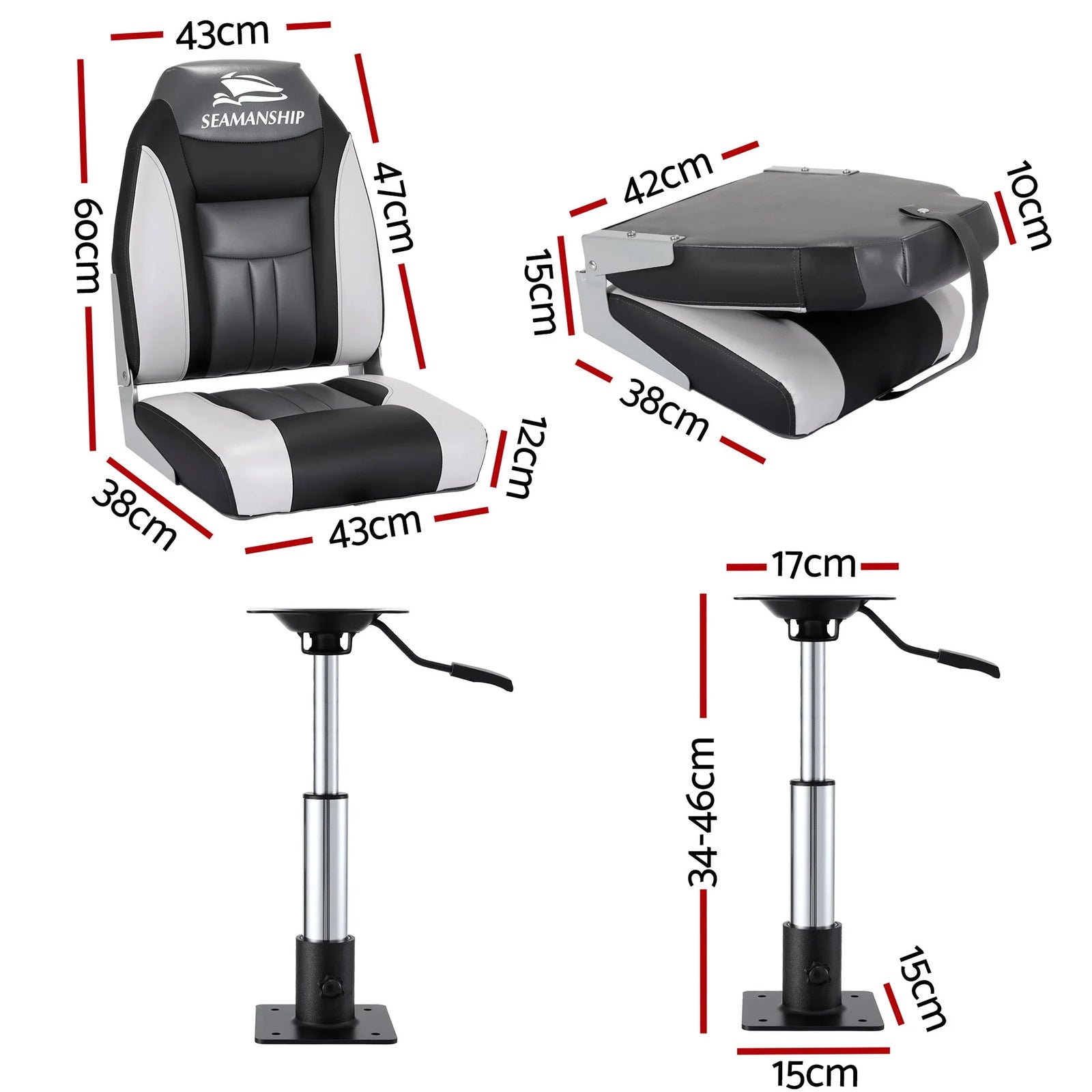 2X Folding Boat Seats with 2X Adjustable Pedestals 34–46cm Marine Seat Swivel High Back 12cm Padding Black