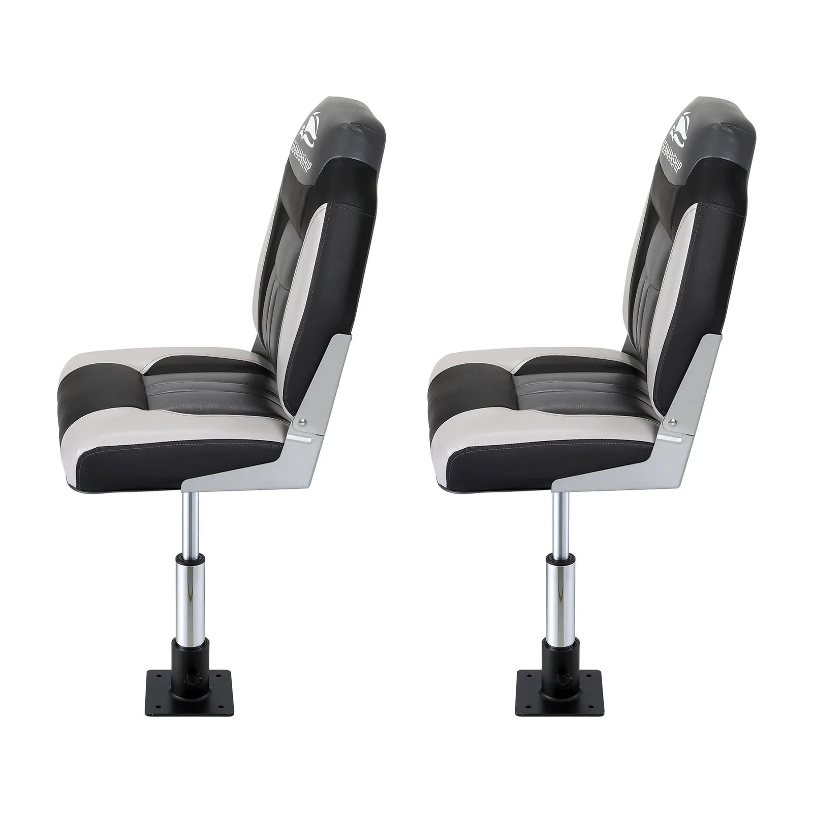 2X Folding Boat Seats with 2X Adjustable Pedestals 34–46cm Marine Seat Swivel High Back 12cm Padding Black