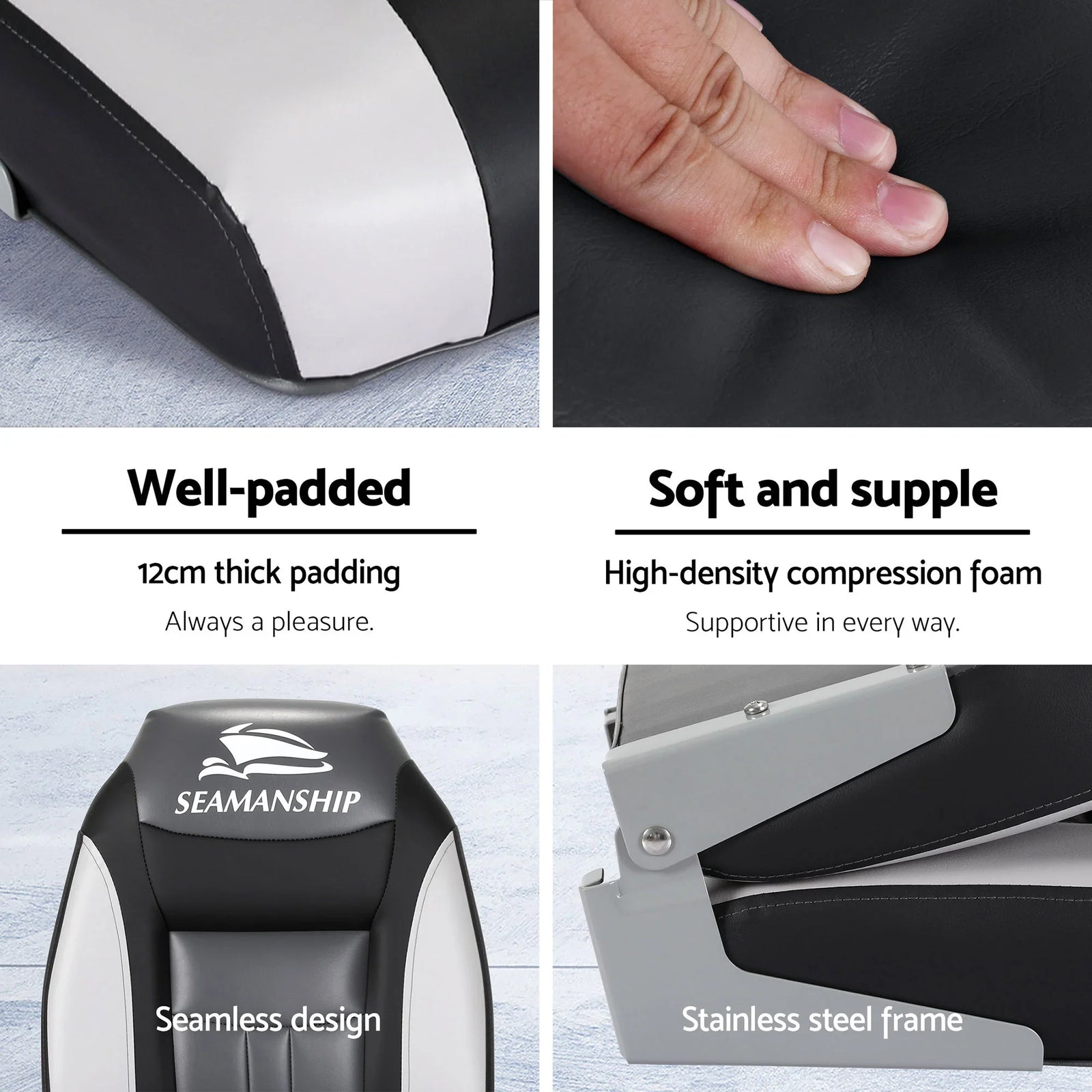 2X Folding Boat Seats with 2X Adjustable Pedestals 34–46cm Marine Seat Swivel High Back 12cm Padding Black