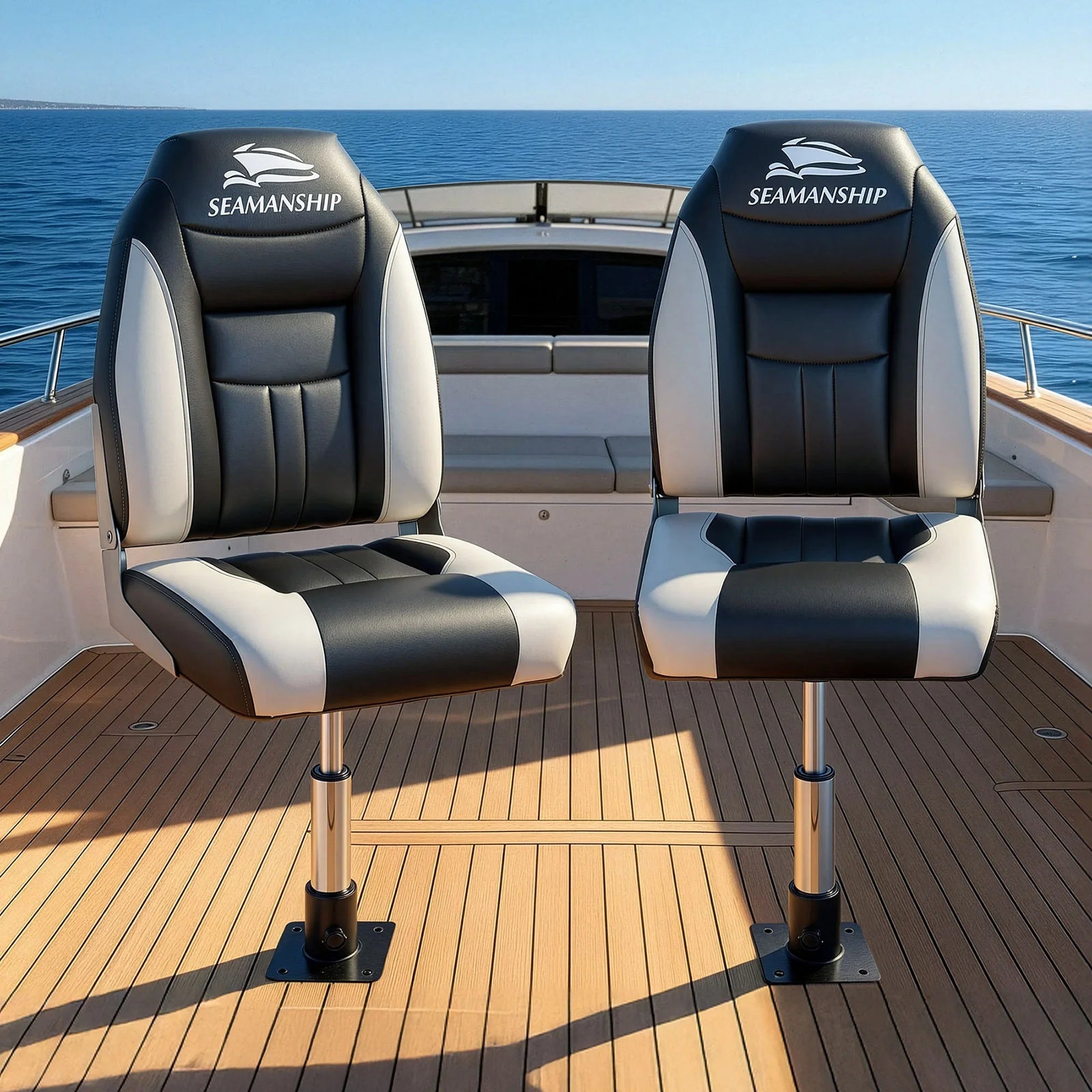 2X Folding Boat Seats with 2X Adjustable Pedestals 34–46cm Marine Seat Swivel High Back 12cm Padding Black