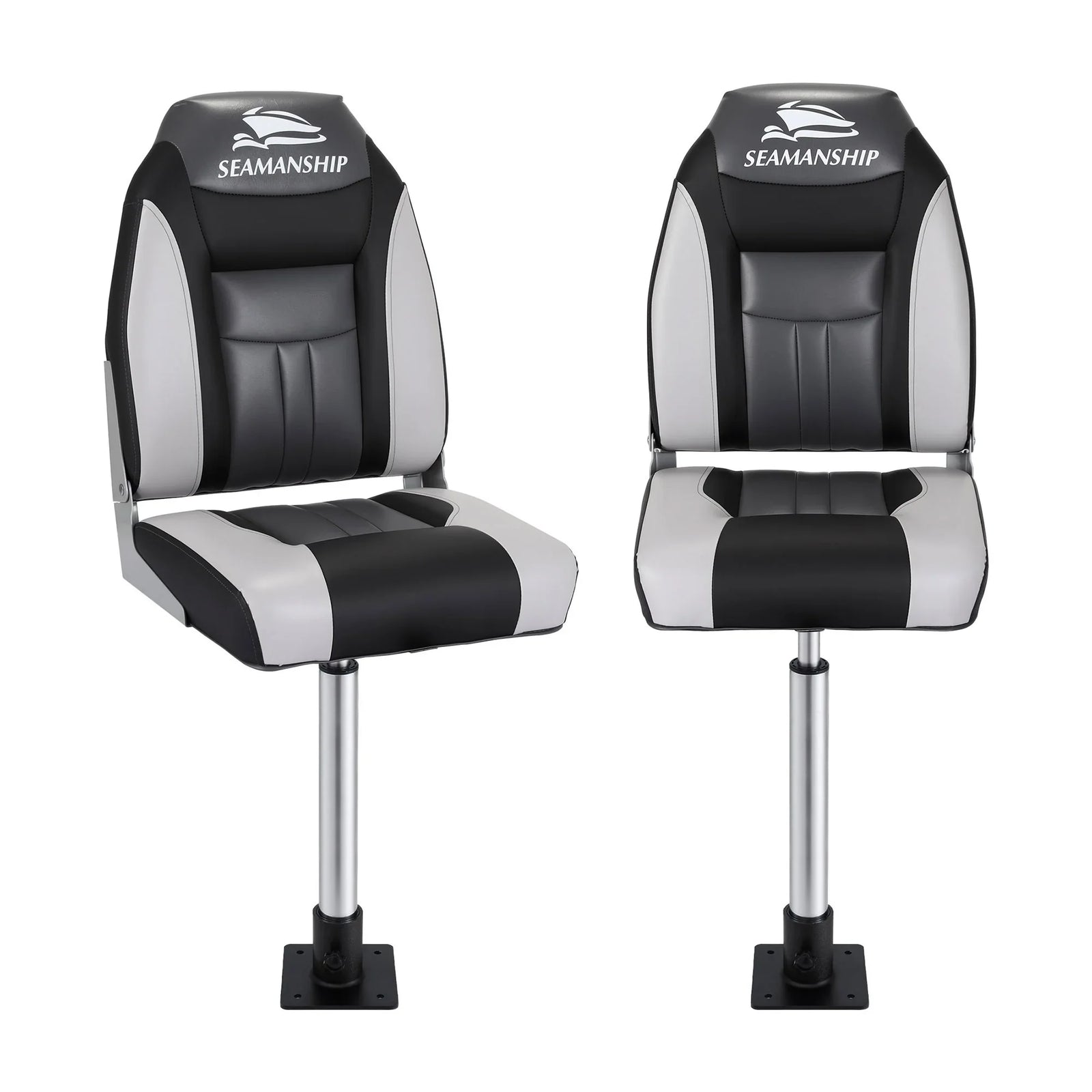 2X Folding Boat Seats with 2X Adjustable Pedestals 55–75cm Marine Seat Swivel High Back 12cm Padding Black