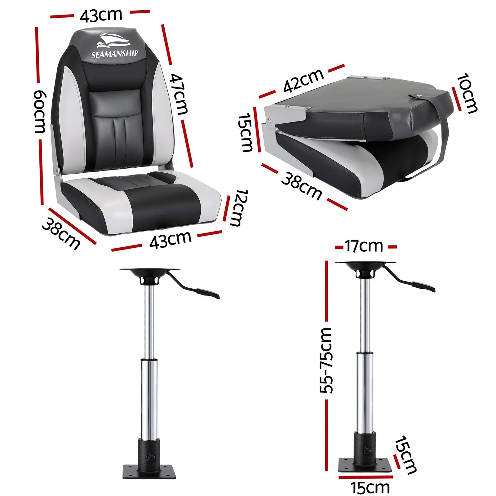 2X Folding Boat Seats with 2X Adjustable Pedestals 55–75cm Marine Seat Swivel High Back 12cm Padding Black