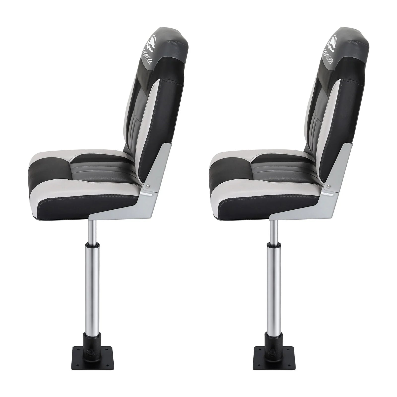 2X Folding Boat Seats with 2X Adjustable Pedestals 55–75cm Marine Seat Swivel High Back 12cm Padding Black