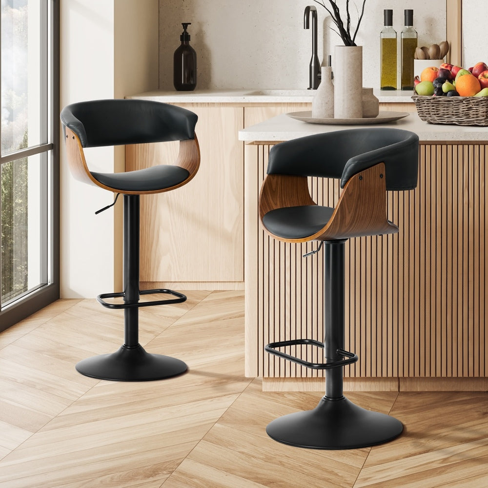 2x Bar Stools Swivel Counter Stool Armrest Leather Black