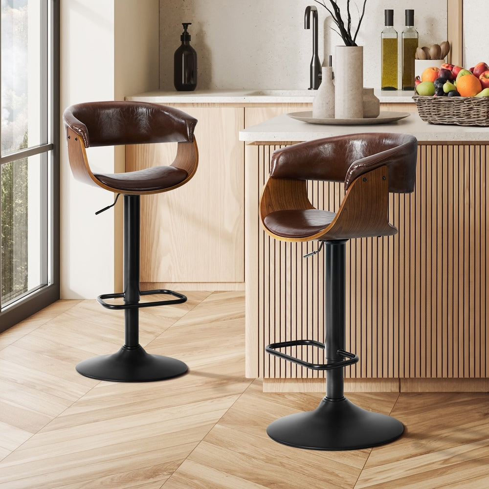 2x Bar Stools Swivel Counter Stool Armrest Leather Brown