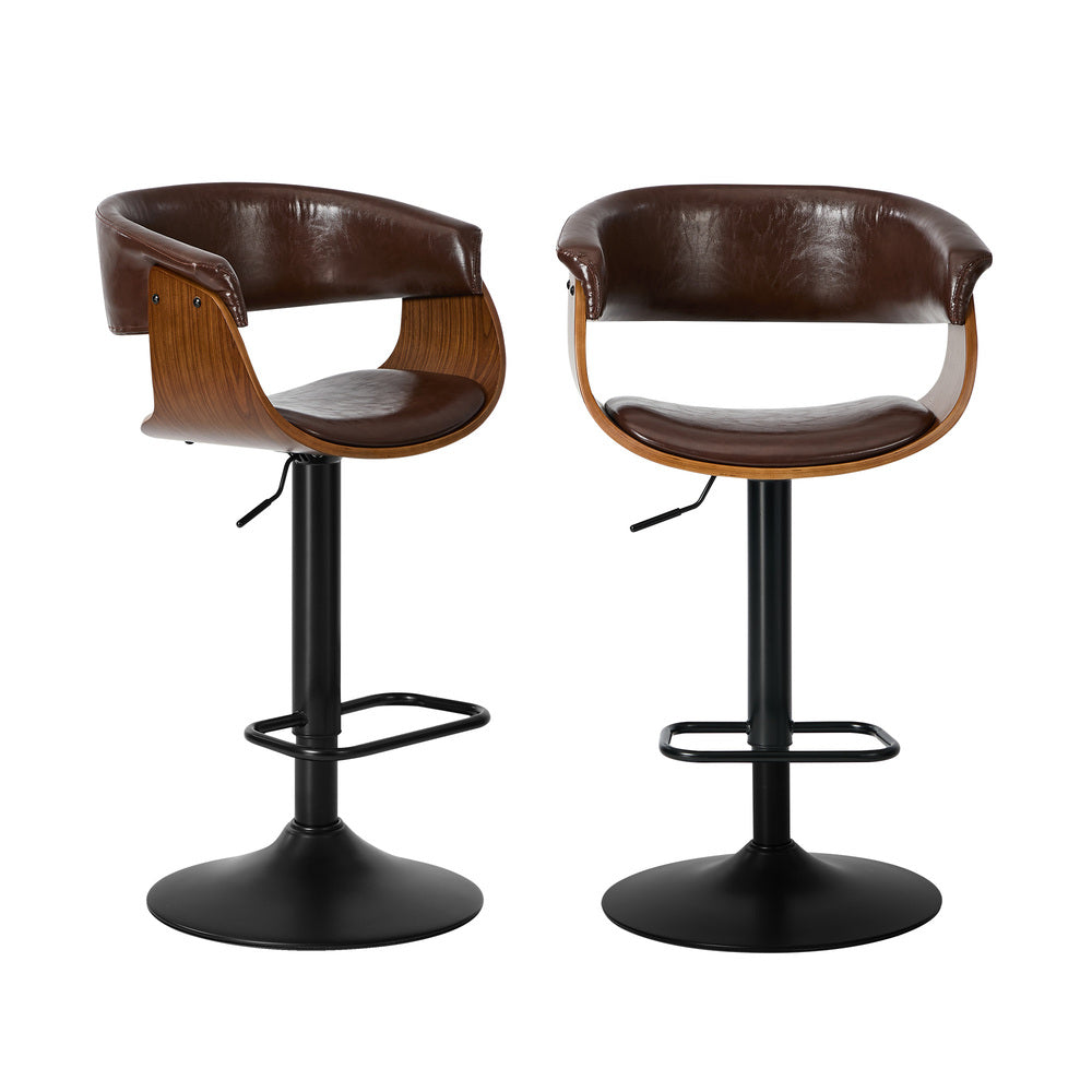 2x Bar Stools Swivel Counter Stool Armrest Leather Brown