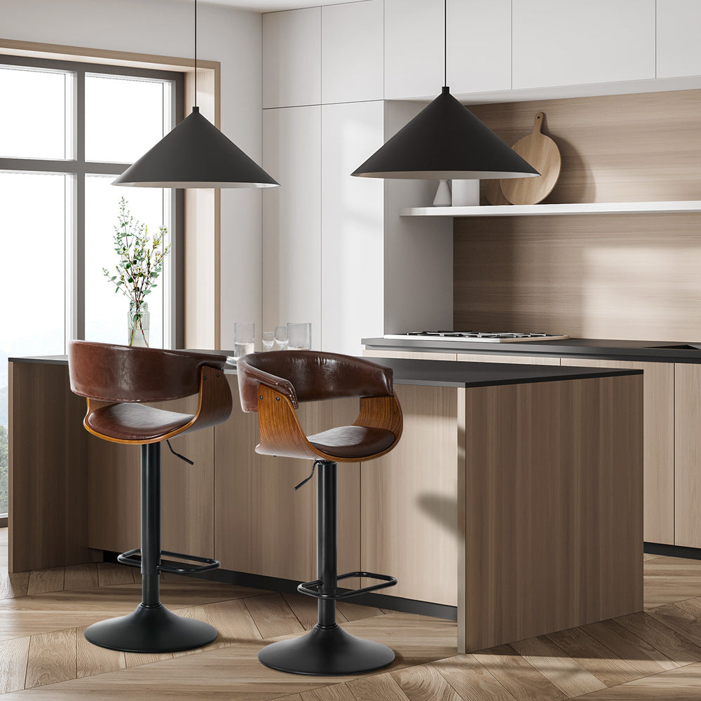 2x Bar Stools Swivel Counter Stool Armrest Leather Brown