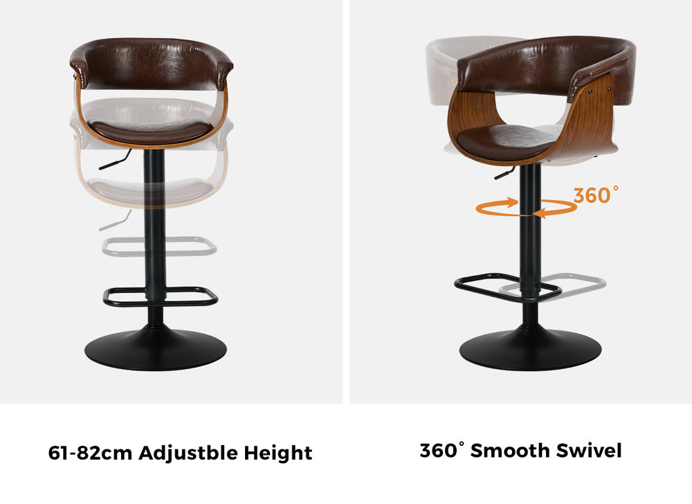 2x Bar Stools Swivel Counter Stool Armrest Leather Brown