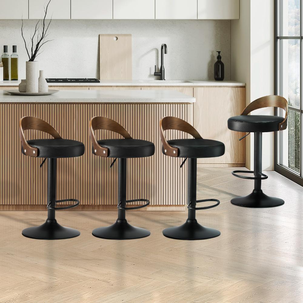 4x Bar Stools with Gas Lift Swivel Wooden PU Leather