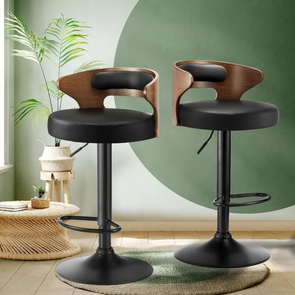 Adjustable PU Leather Bentwood Bar Stools 360° Swivel Black (2‑Pack)