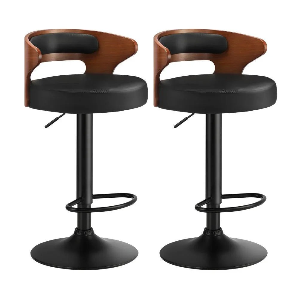 Adjustable PU Leather Bentwood Bar Stools 360° Swivel Black (2‑Pack)