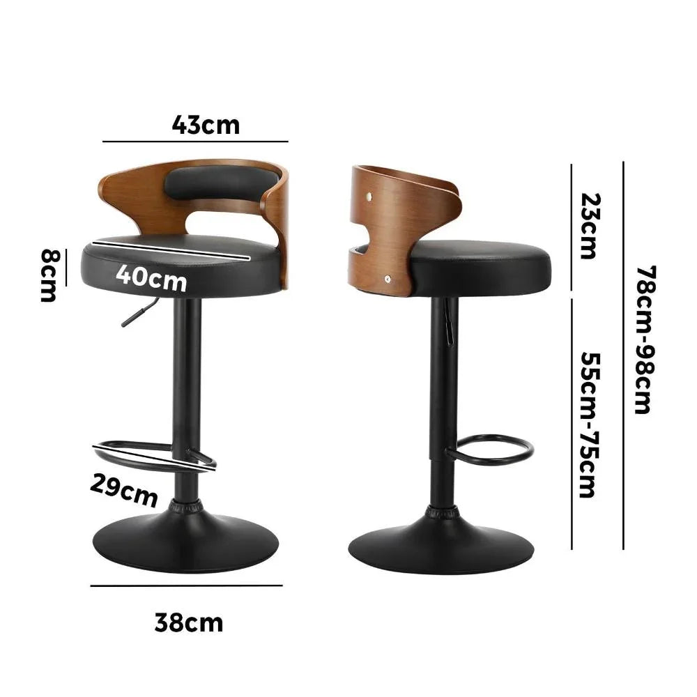 Oikiture Adjustable PU Leather Bentwood Bar Stools 360° Swivel Black (2‑Pack)