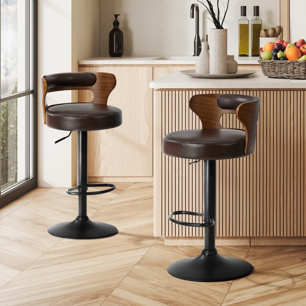 2x Bar Stools Kitchen Swivel Stool Wooden Leather Brown