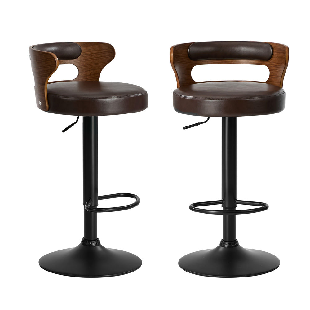 2x Bar Stools Kitchen Swivel Stool Wooden Leather Brown