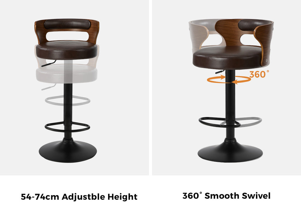 2x Bar Stools Kitchen Swivel Stool Wooden Leather Brown