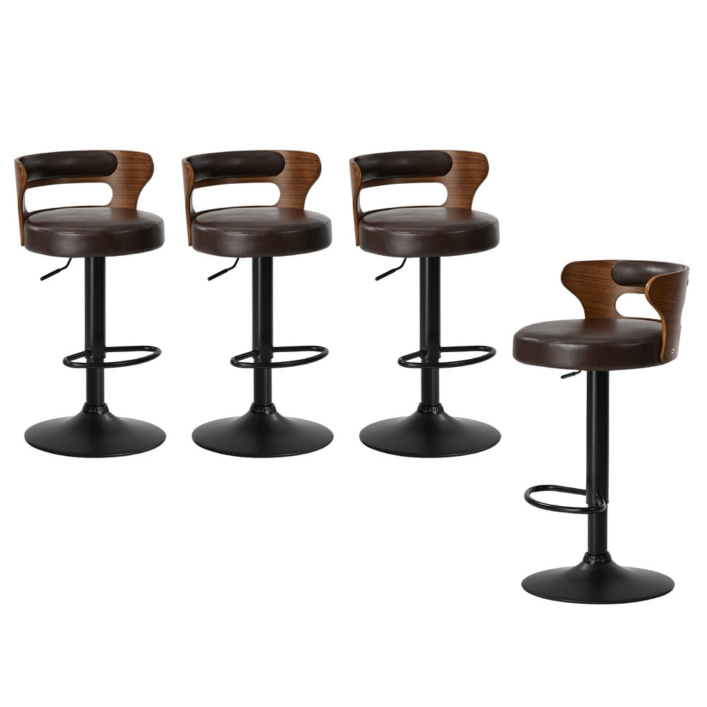 Oikiture 4x Bar Stools Gas Lift Swivel Chairs Wooden Leather Brown