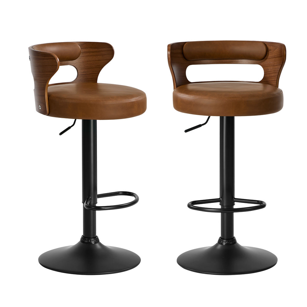 2x Bar Stools Kitchen Swivel Stool Wooden Leather Camel