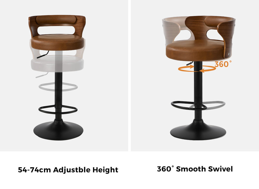 2x Bar Stools Kitchen Swivel Stool Wooden Leather Camel