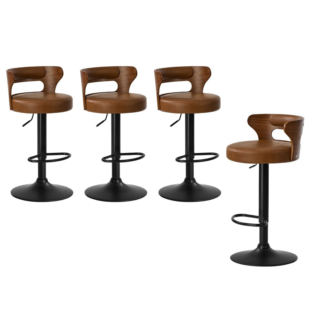Oikiture 4x Bar Stools Gas Lift Swivel Chairs Wooden Leather Camel