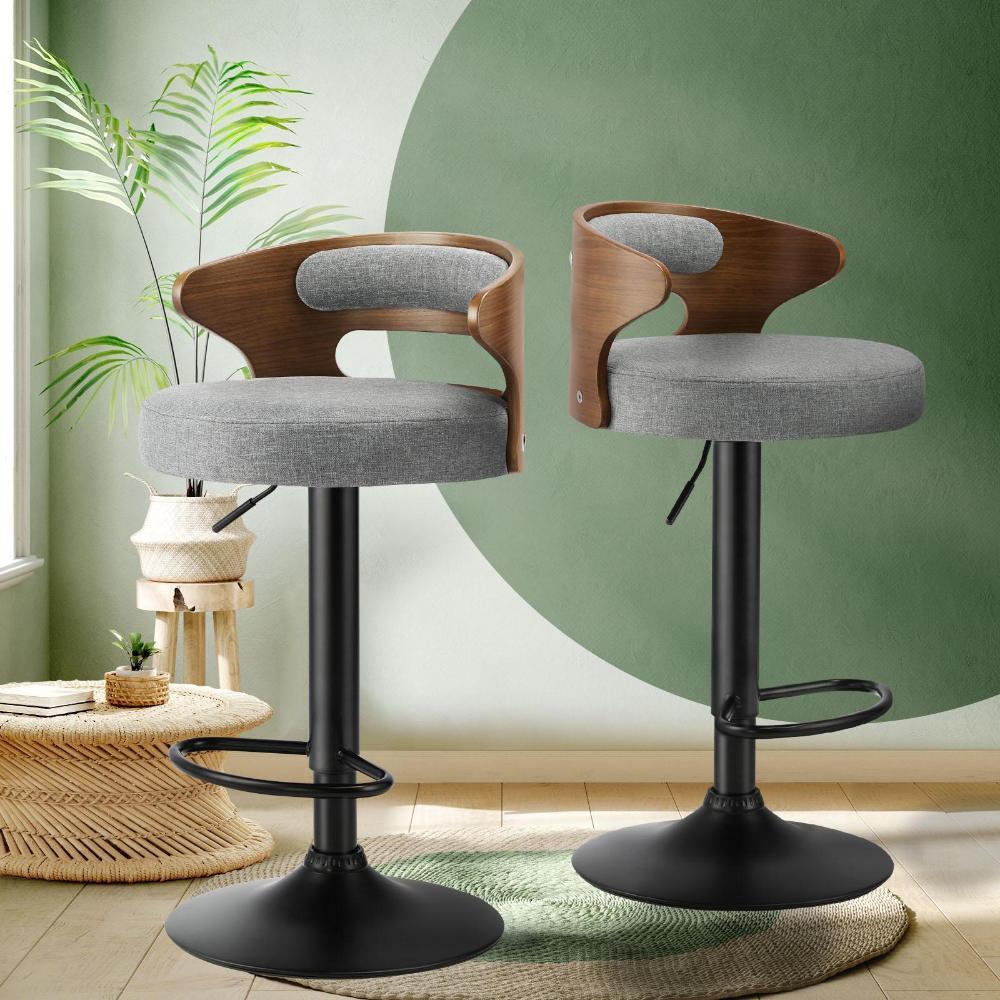 Bar Stools Gas Lift Swivel Wooden Grey x2