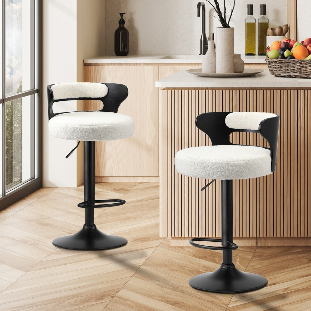 Oikiture 2x Bar Stools Gas Lift Swivel Chairs Wooden Boucle White