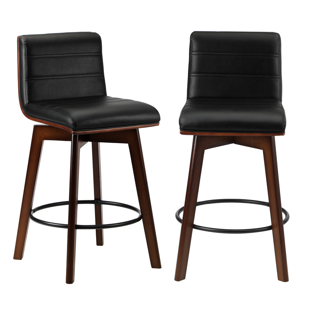 Oikiture 2x Wooden Bar Stools Swivel Chairs PU Leather