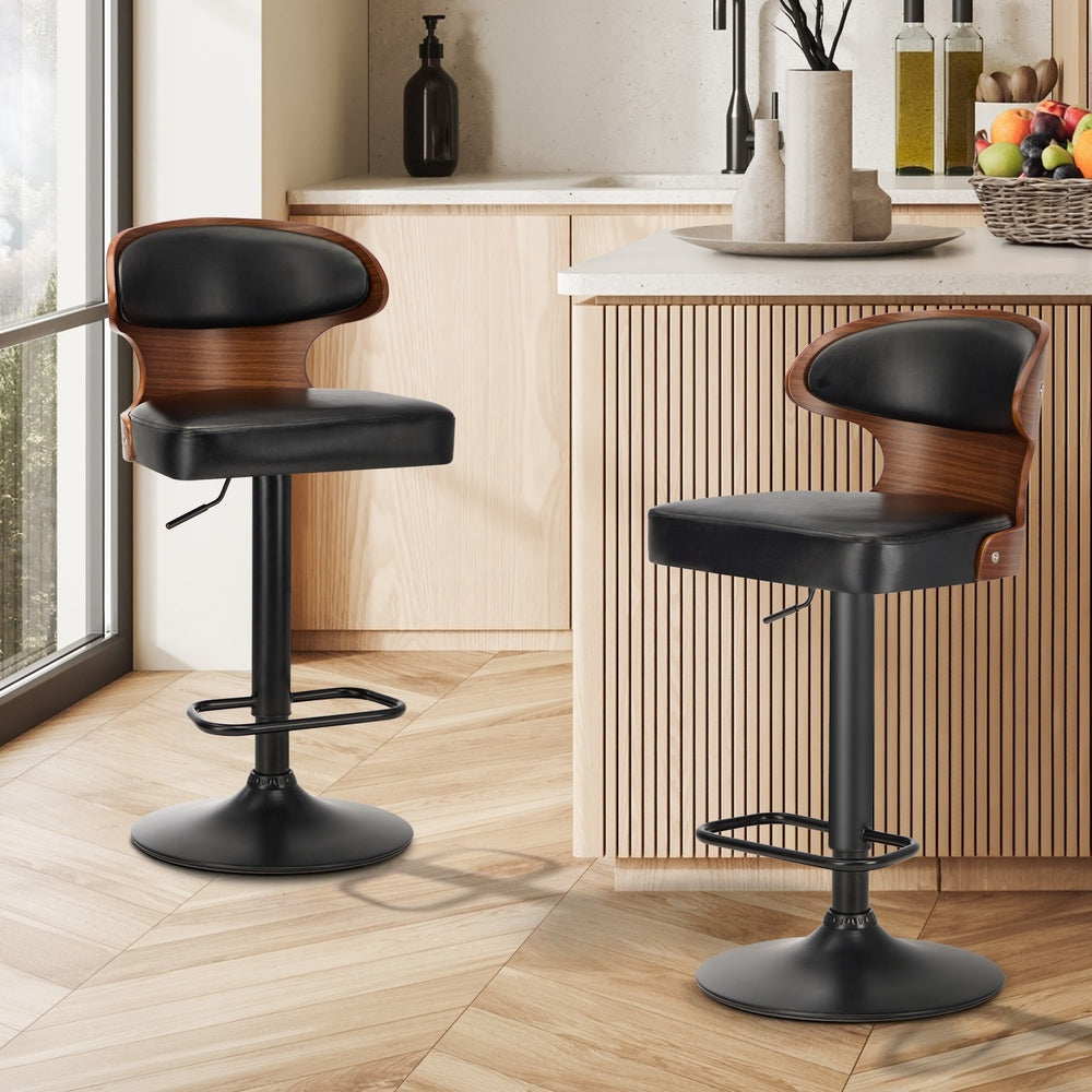 2x Bar Stools Adjustable Counter Height Stool Leather Black