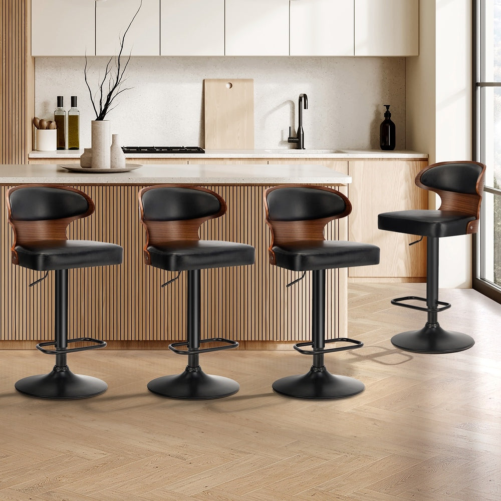 4x Bar Stools Adjustable  Height Stool Swivel Leather Black