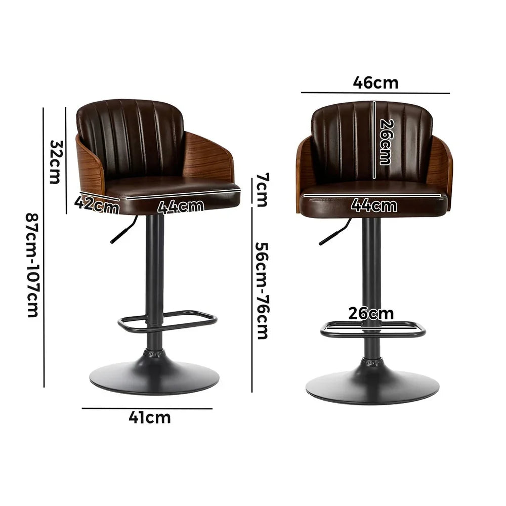 2x Bar Stools Adjustable Height Stool Swivel Leather Brown