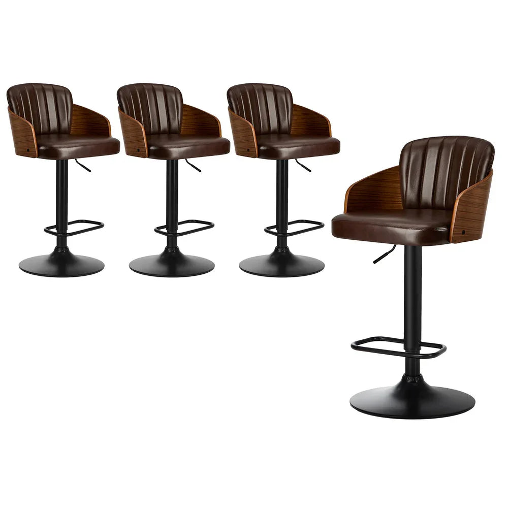 4x Bar Stools Adjustable Height Stool Swivel Leather Brown