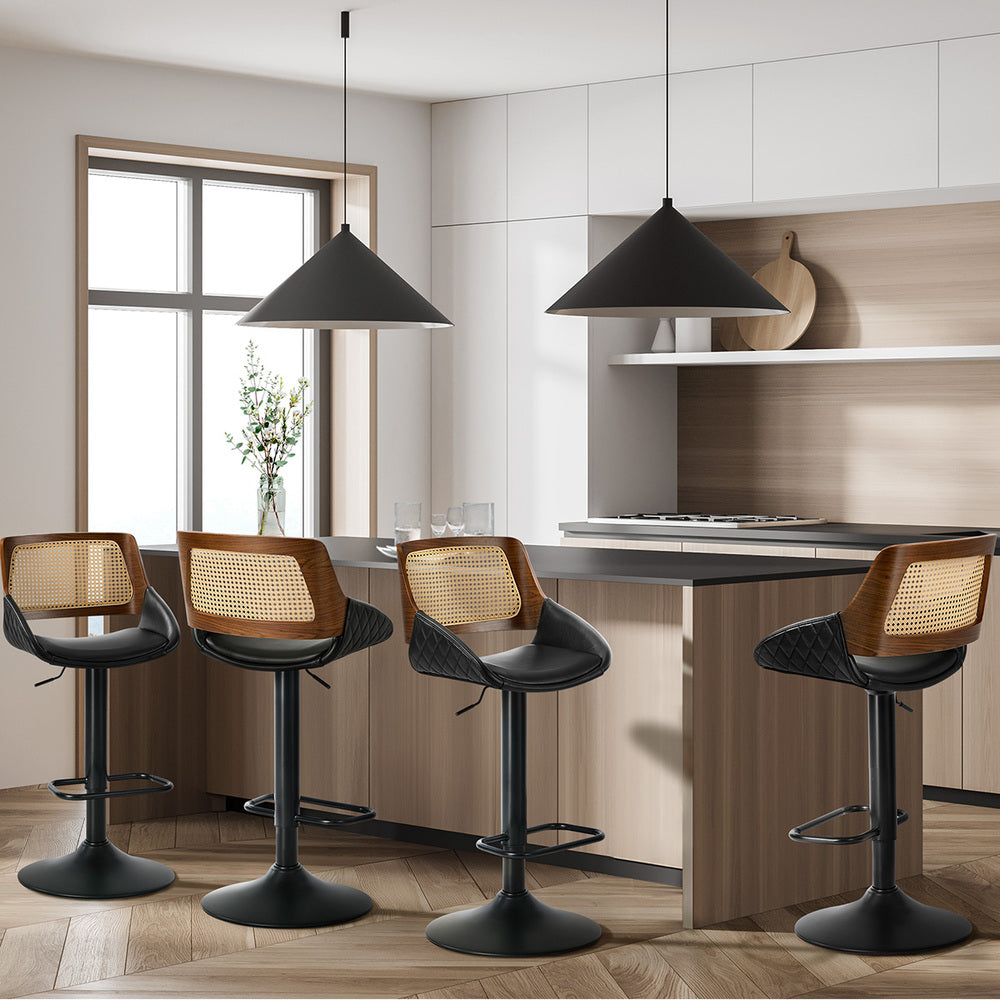 Oikiture 4x Bar Stools Gas Lift Stool Rattan Leather Black