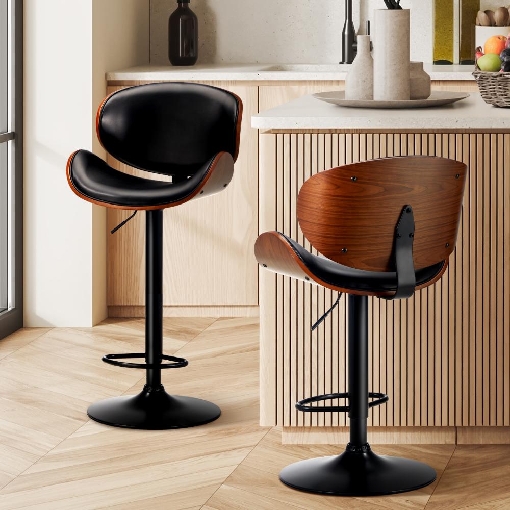 2x Bar Stools Swivel Leather Seat Black