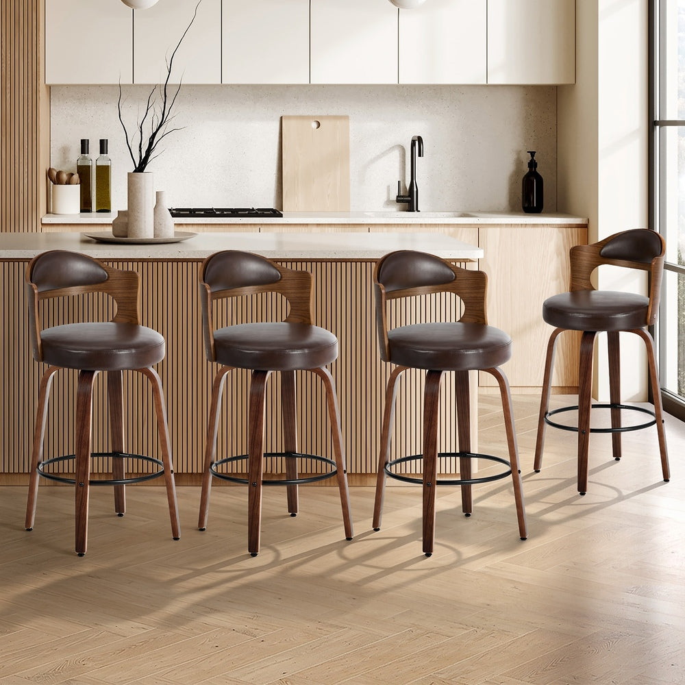 Oikiture 4x Bar Stools Swivel Counter Chair Shell Leather Brown