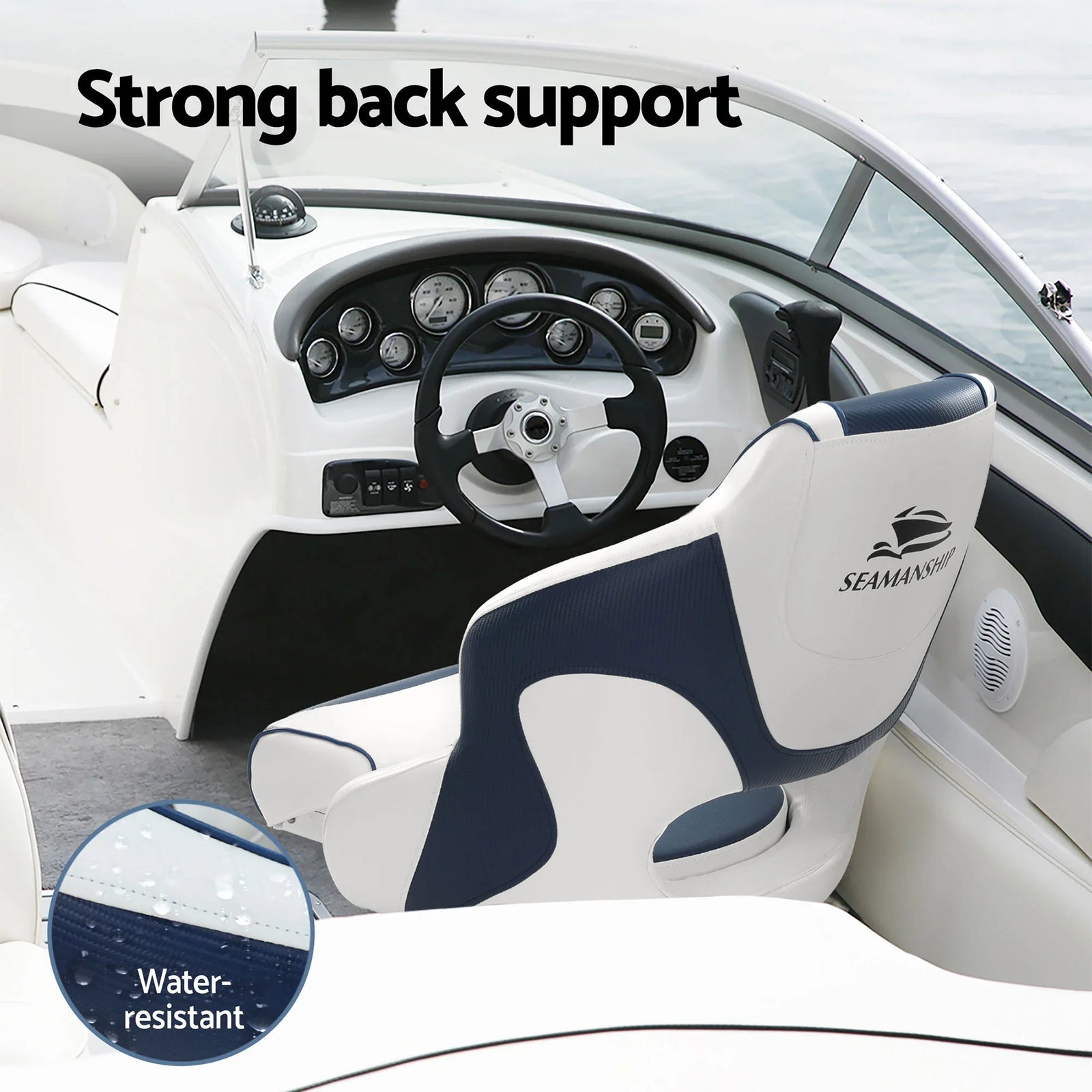 Captain Bucket Boat Seats Flip Up Bolster Swivel 15cm Padding with Adjustable Pedestals 34–46cm Blue