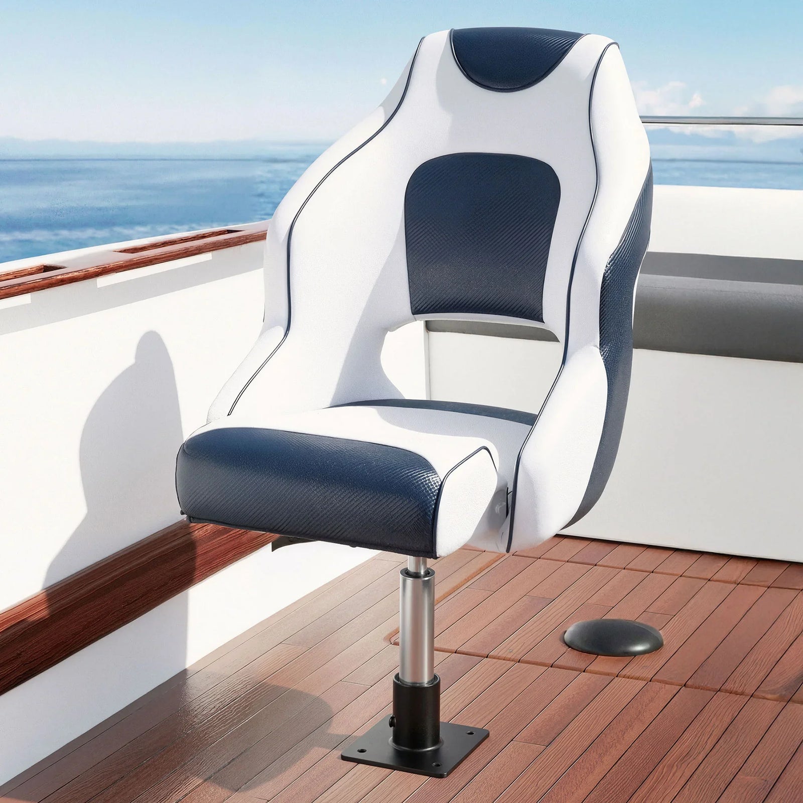 Captain Bucket Boat Seats Flip Up Bolster Swivel 15cm Padding with Adjustable Pedestals 34–46cm Blue