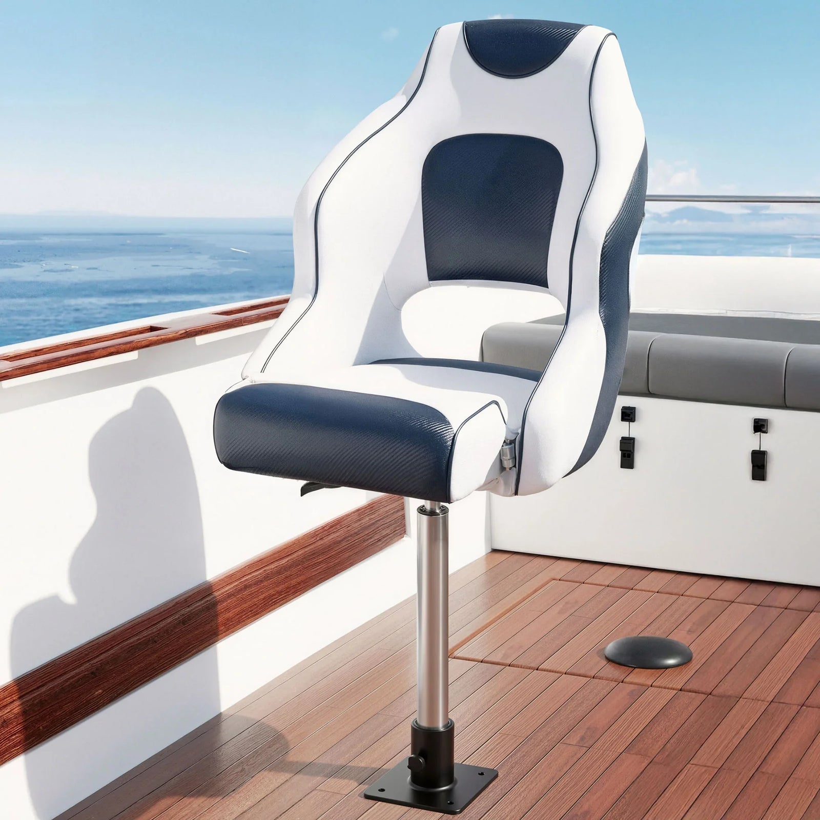 Captain Bucket Boat Seats Flip Up Bolster Swivel 15cm Padding with Adjustable Pedestals 55–75cm Blue