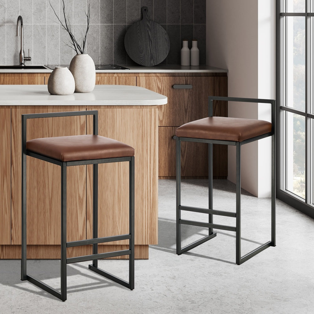 2x Bar Stools Metal Counter Chair Barstools Brown Leather