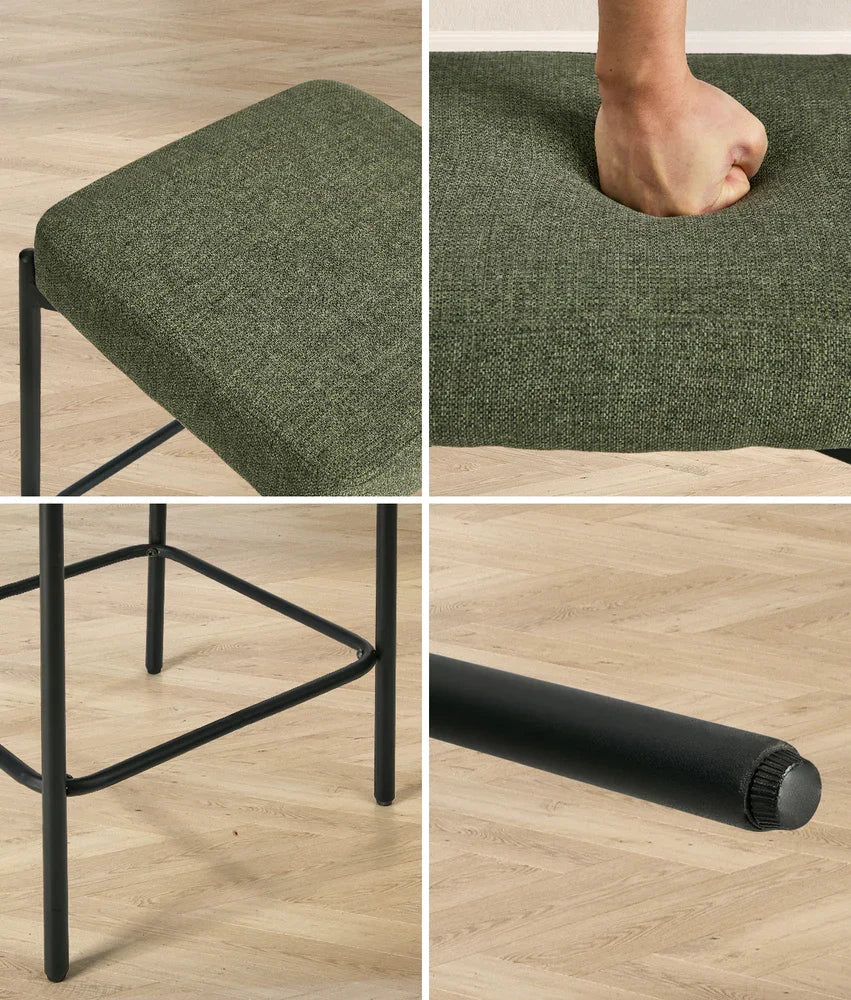 2x Bar Stools Kitchen Counter Stool Linen Seat Metal Green