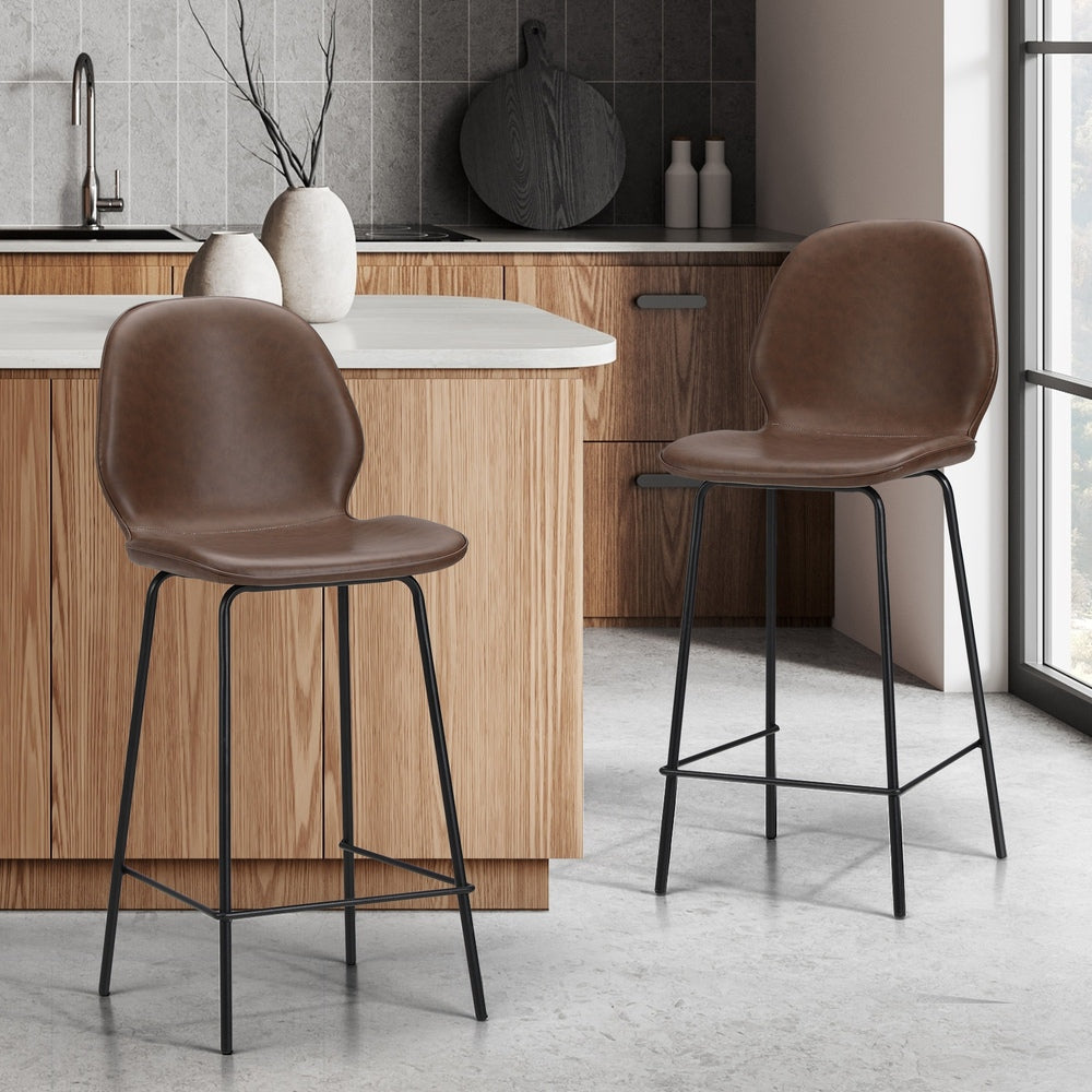 Oikiture 2x Bar Stools Kitchen Chairs High Back Leather Brown