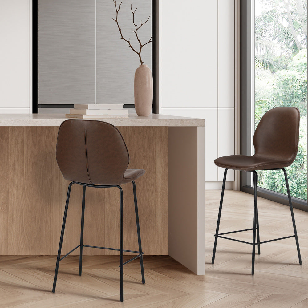 Oikiture 2x Bar Stools Kitchen Chairs High Back Leather Brown
