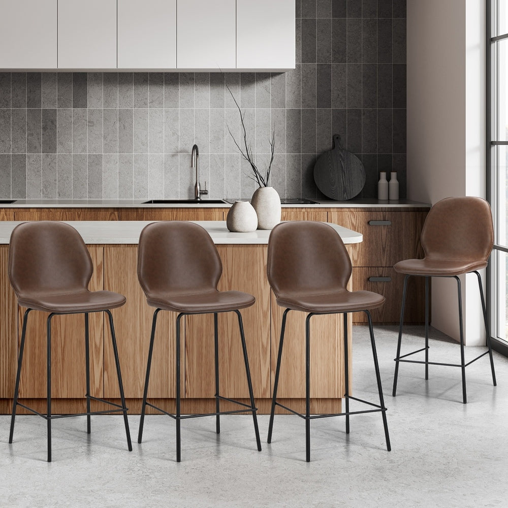 Oikiture Set of 4 Bar Stools Kitchen Chairs High Back Leather Brown