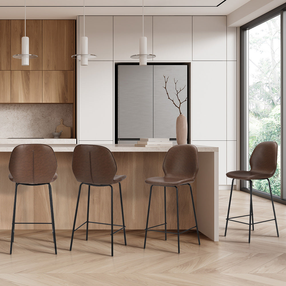 Oikiture Set of 4 Bar Stools Kitchen Chairs High Back Leather Brown