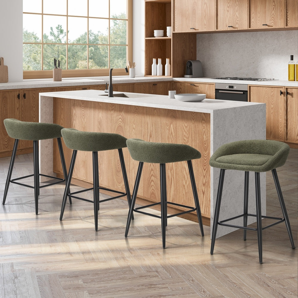 4PCS Bar Stools Boucle Fabric Green and Black