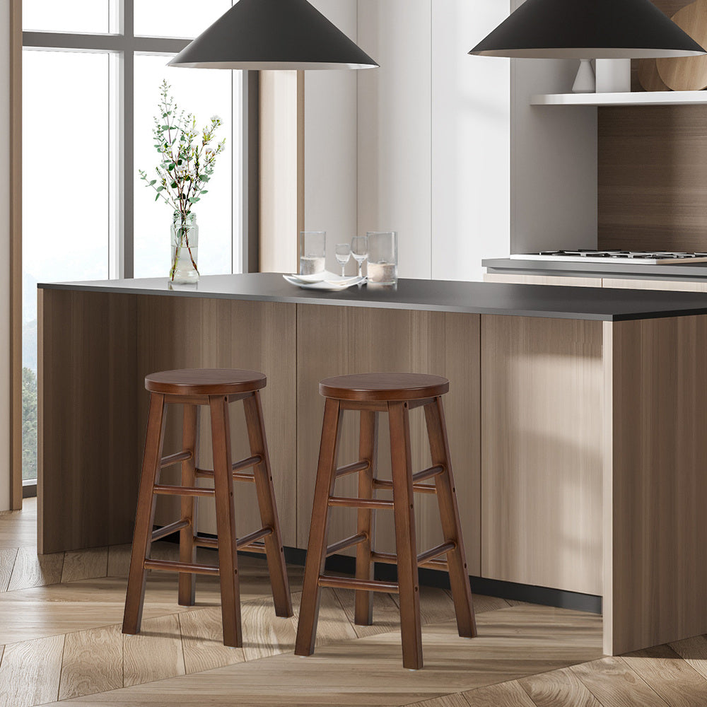 Oikiture 2x Kitchen Counter Round Bar Stool Chairs Footrest Walnut