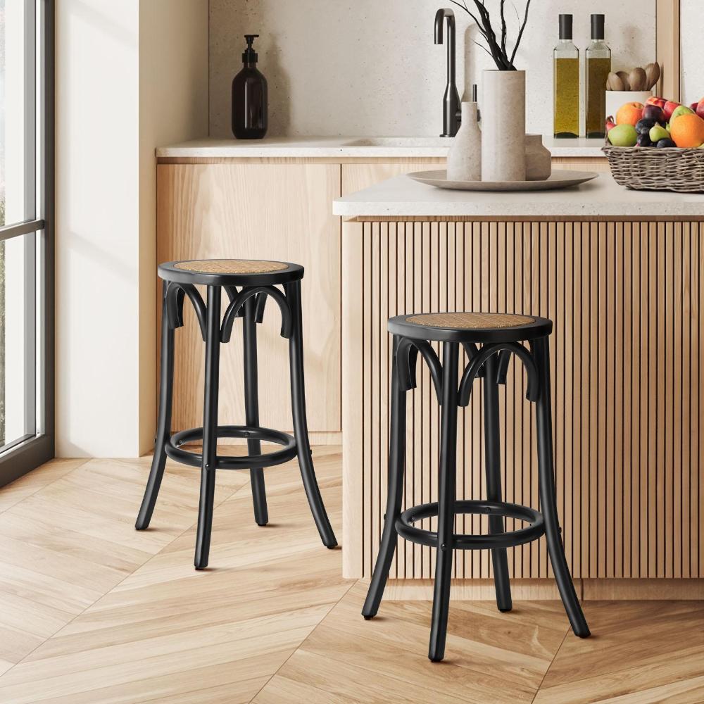 Wooden Bar Stool 2pc Rattan Dining Chair Black