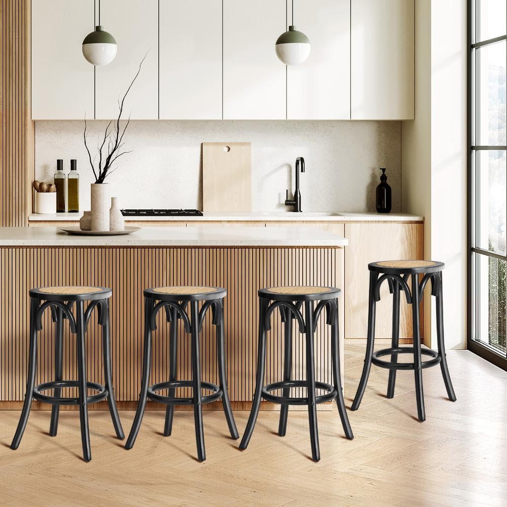 4x Bar Stools Dining Chair Rattan Seat Black